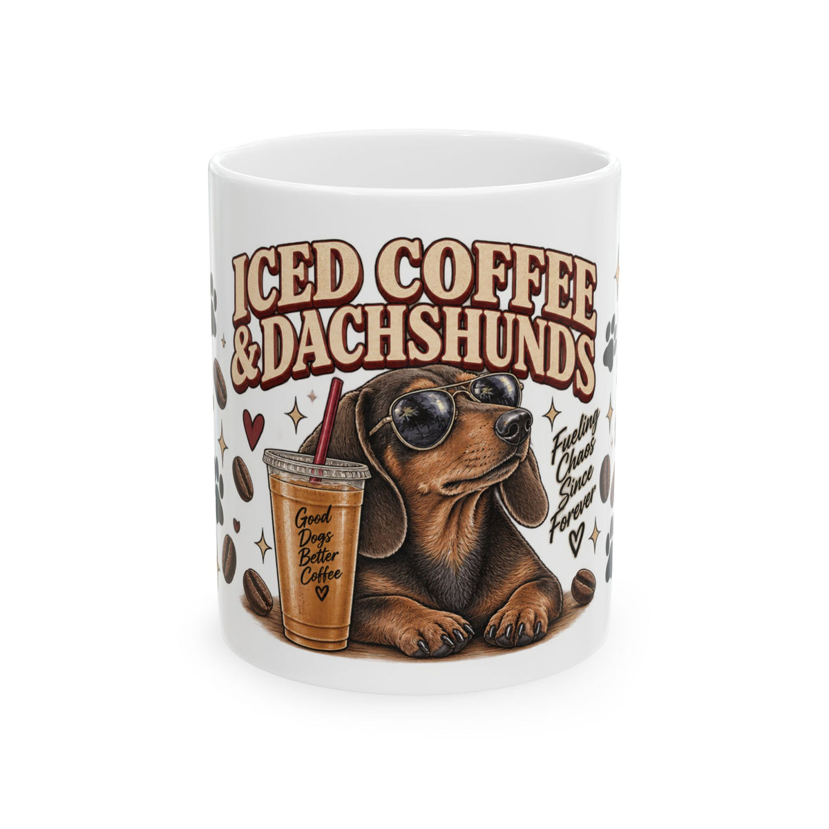Iced Coffee & Dachshund Ceramic Mug - Full Wrap 🐾☕️