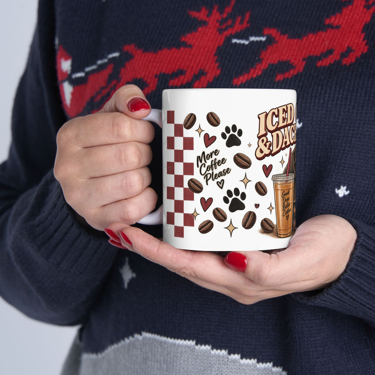 Iced Coffee & Dachshund Ceramic Mug - Full Wrap 🐾☕️