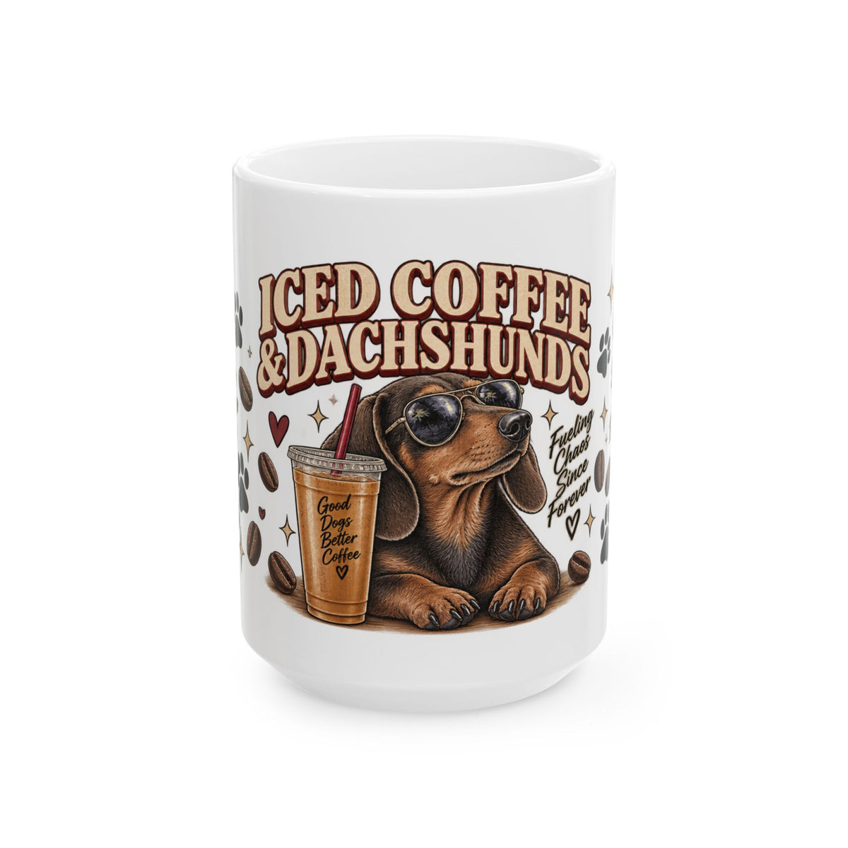 Iced Coffee & Dachshund Ceramic Mug - Full Wrap 🐾☕️