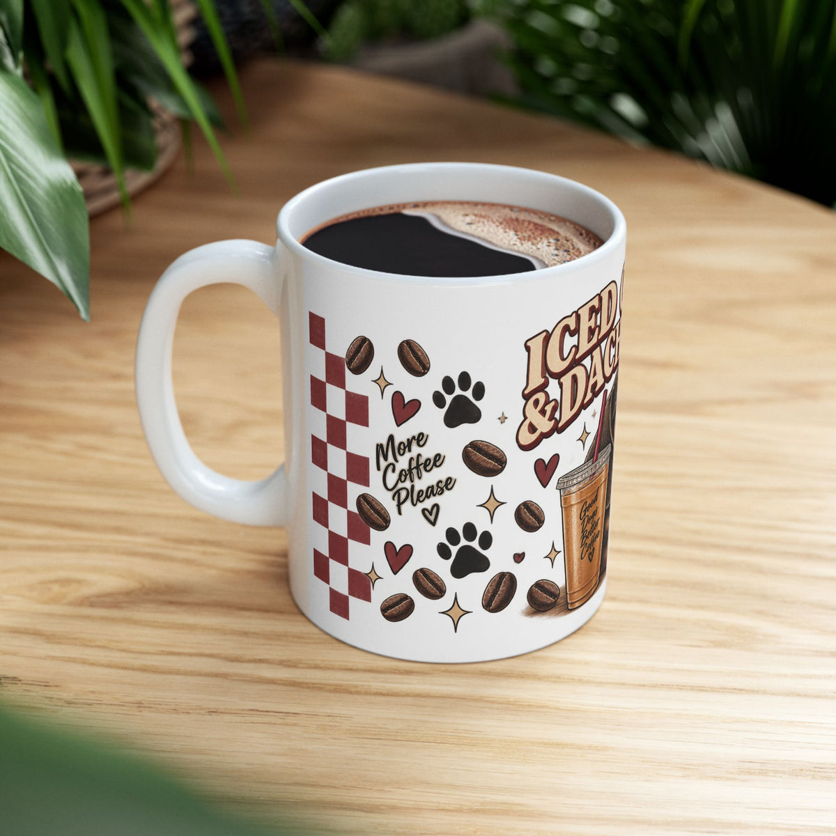 Iced Coffee & Dachshund Ceramic Mug - Full Wrap 🐾☕️